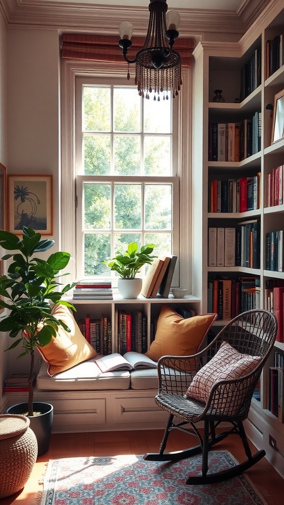 Cozy window seat with cushions, surrounded by bookshelves and plants, creating a warm reading nook.