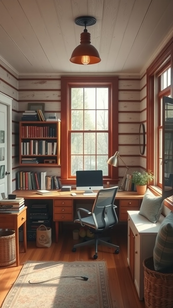 A rustic modern office with natural light, wooden walls, and a cozy desk setup.