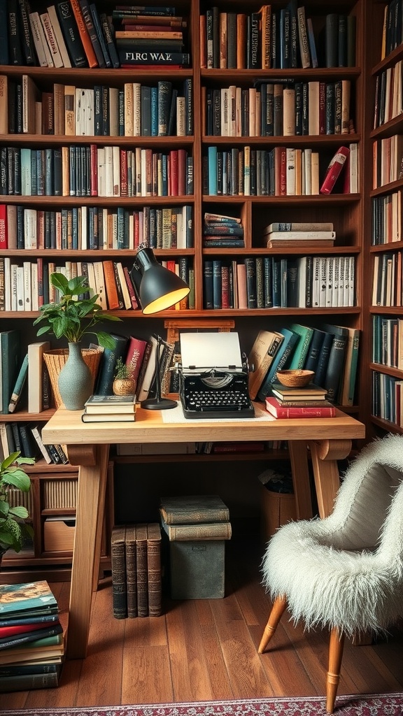 A reclaimed wood desk in a cozy home library, surrounded by bookshelves filled with various books, featuring a typewriter and a plant.