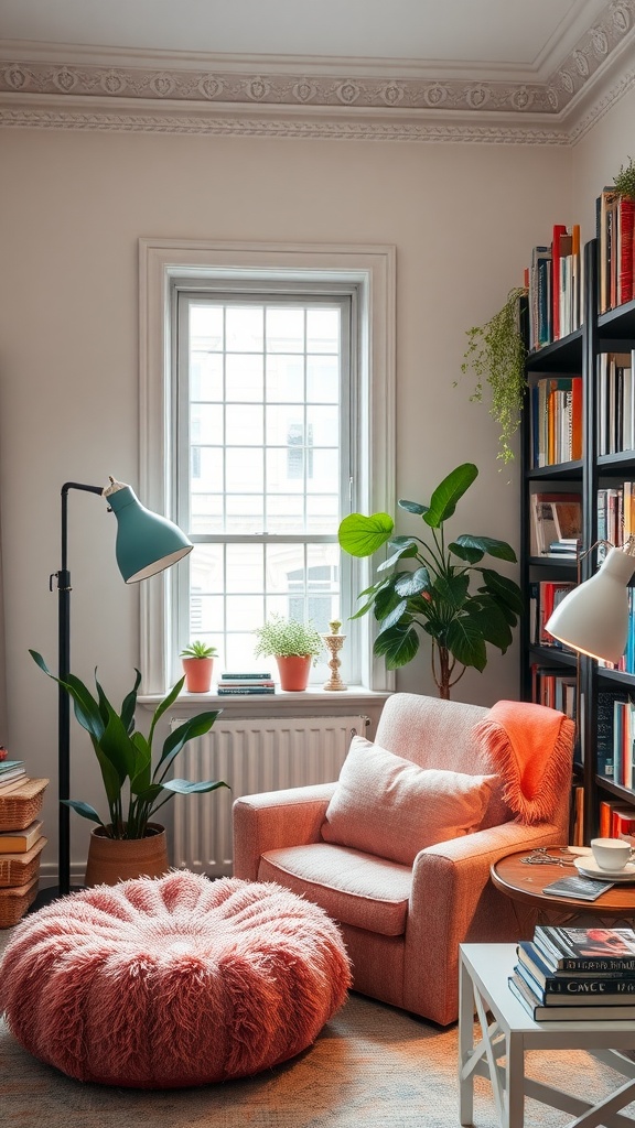 Cozy reading corner with a pink chair, fluffy ottoman, and a book-filled bookshelf by the window.