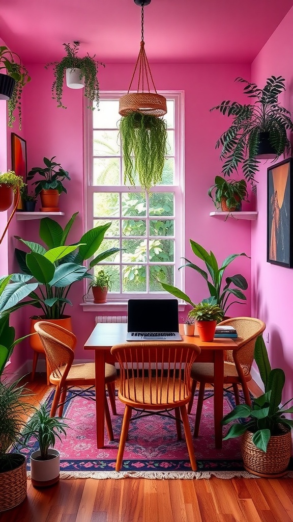 A bright pink office nook with plants, a wooden table, and chairs creating a cozy collaborative atmosphere.