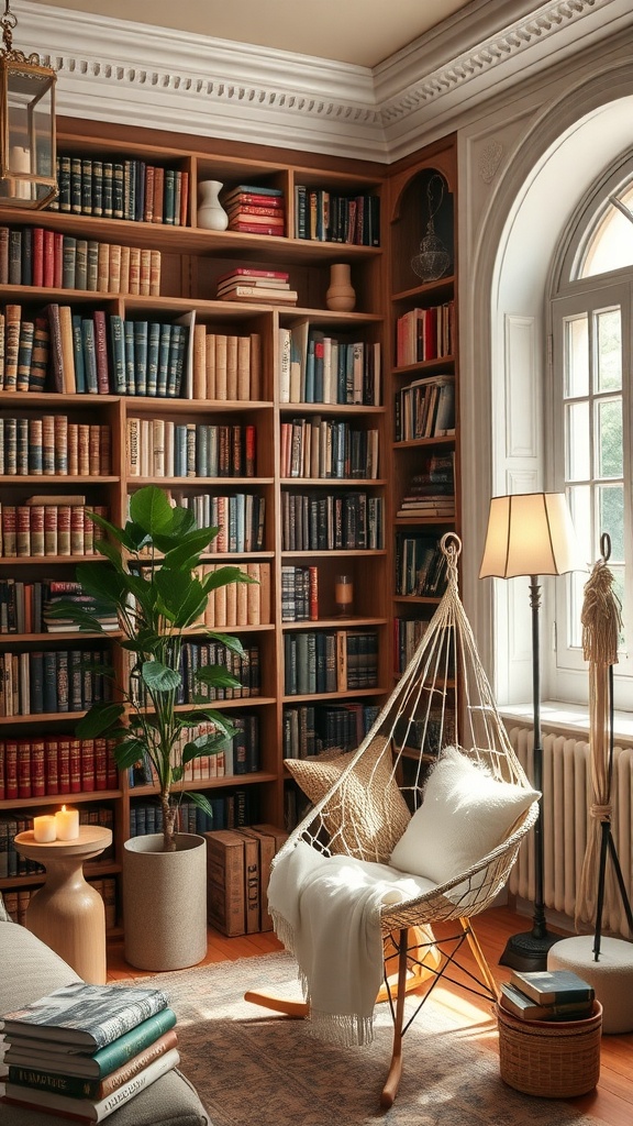 A cozy home library with wooden shelves filled with books, a comfortable chair, and warm lighting.