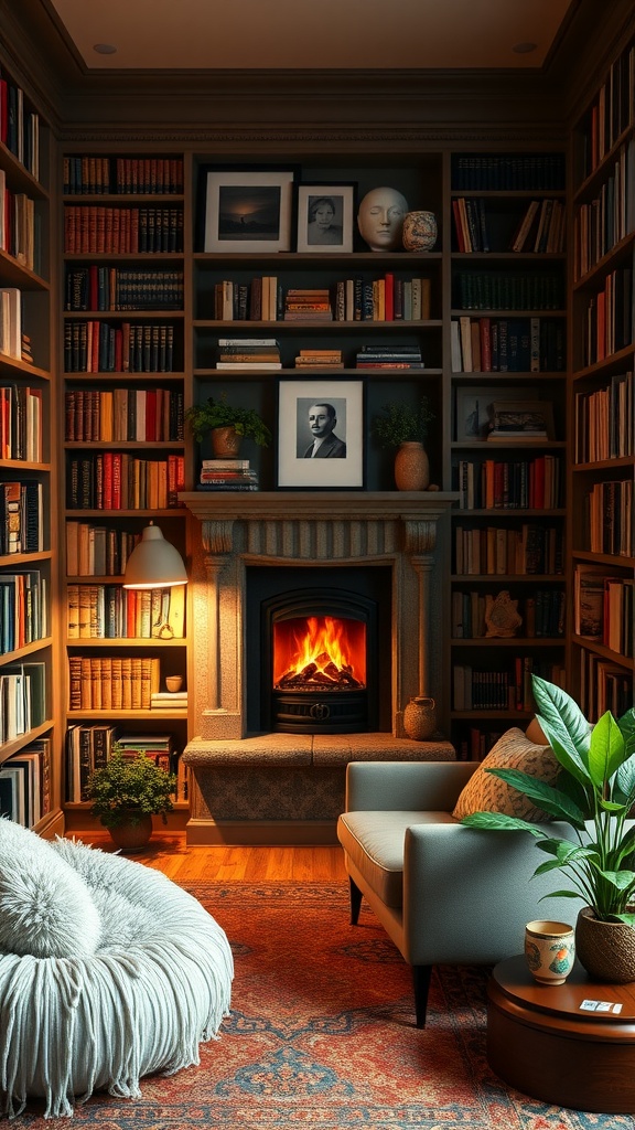 Cozy fireplace reading area with bookshelves, a comfy chair, and a warm ambiance.