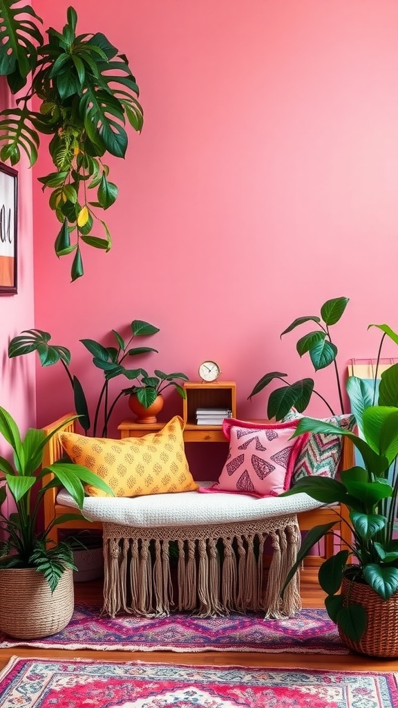 A cozy nook featuring a pink wall, a bench with colorful pillows, and various plants, creating a vibrant boho office space.