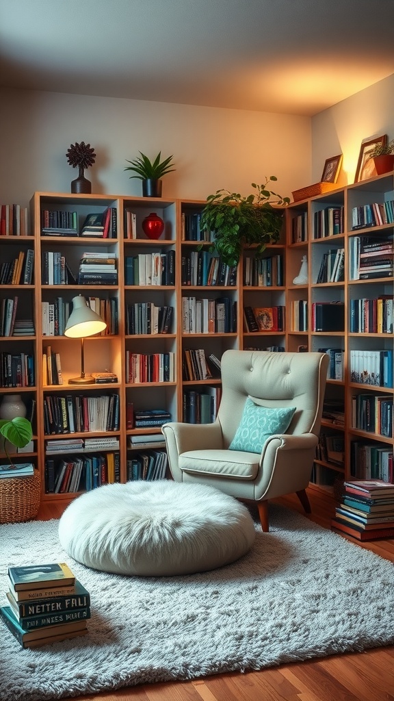 Cozy reading room with a soft rug, armchair, and bookshelves filled with books.