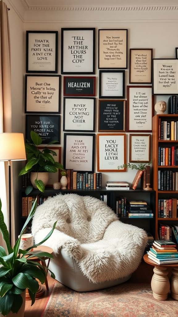 A cozy reading room with a gallery wall featuring framed book quotes, a plush chair, and bookshelves filled with books.