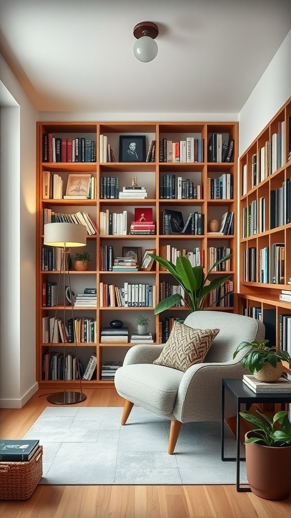 A cozy minimalist library with wooden shelves, a comfortable chair, and plants.