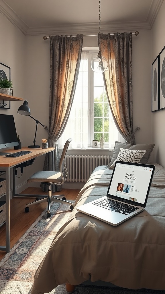 A cozy home office setup featuring an l-shaped desk, a laptop, and a bed, decorated with soft curtains and wall art.