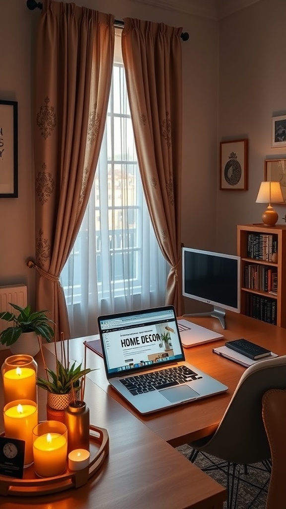 A cozy home office setup featuring a desk with a laptop, candles, and a plant, designed for productivity and comfort.