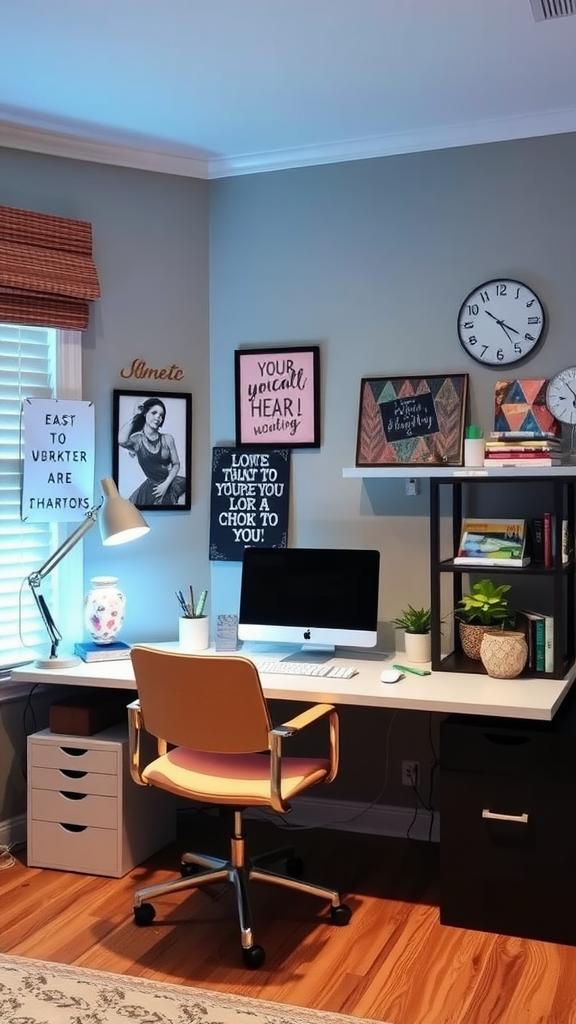 A modern home office with the text 'WORK From Home HOME OFFICE' on the wall, featuring a desk with a computer, bookshelves, and plants.