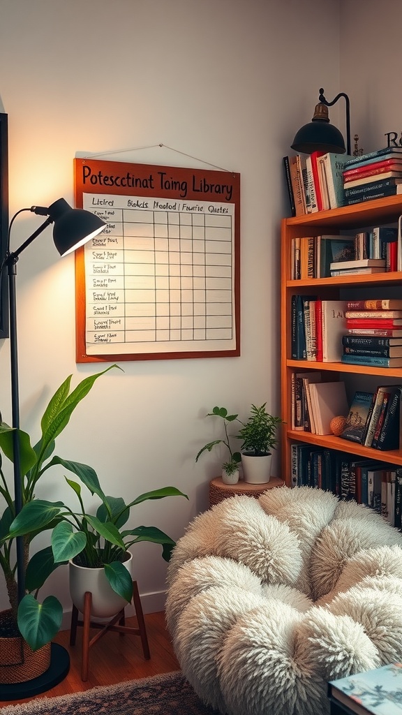 A cozy reading log board in a home library setting with bookshelves, plants, and a fluffy chair.