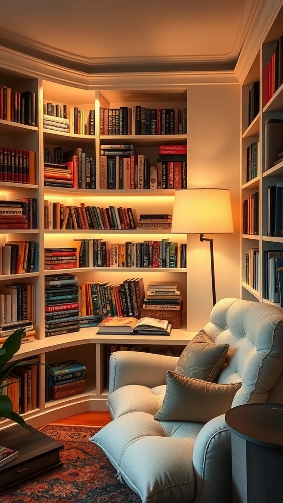 Cozy reading nook with built-in shelves filled with books and a comfortable chair.