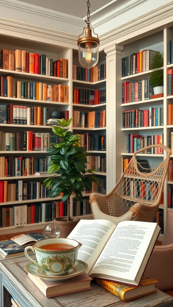 Cozy home library with bookshelves, a reading chair, and a cup of tea on a wooden table.