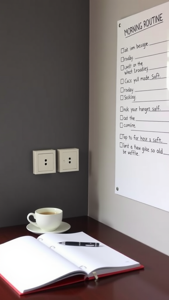 A stylish home office setup with a clock, laptop, and checklist on the wall, emphasizing productivity.