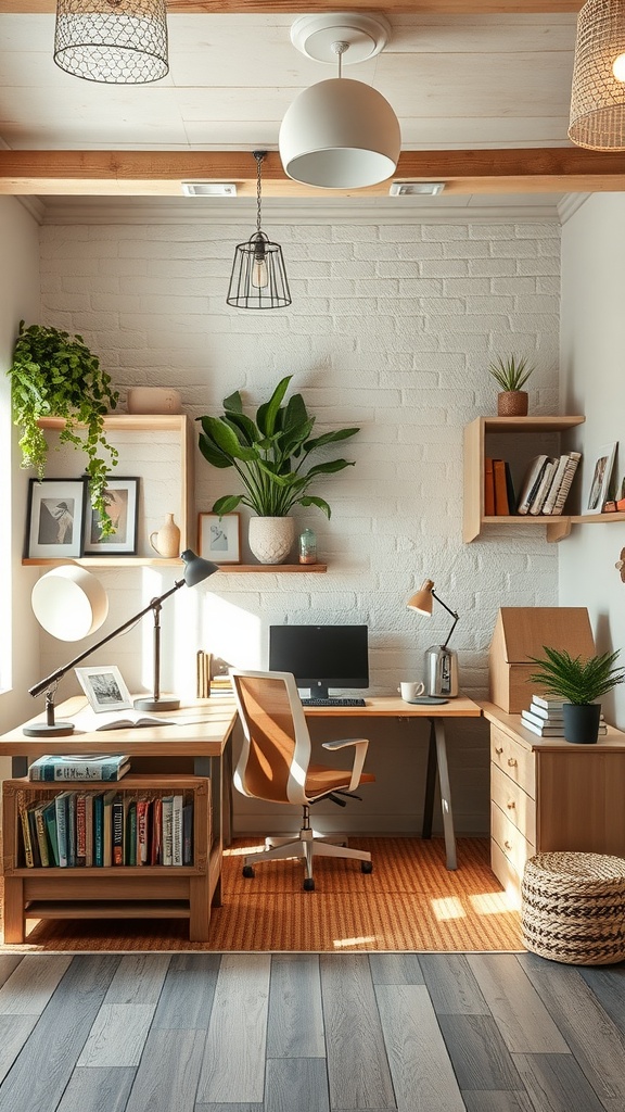 A rustic modern office featuring wood furniture, plants, and soft lighting, creating a serene workspace.