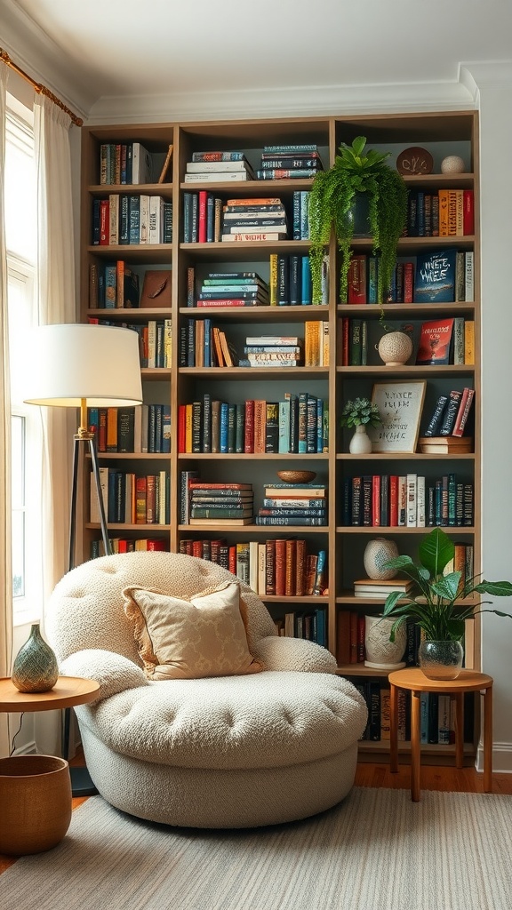 A cozy and colorful bookcase filled with various books, a comfortable chair, and decorative elements.