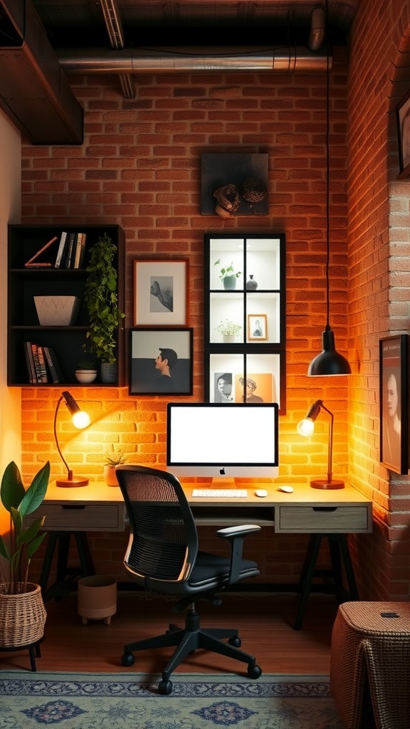 Modern industrial office space with warm lighting and a cozy atmosphere.