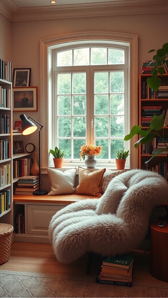 Cozy window seat with plush cushions, surrounded by bookshelves and plants, inviting reading area