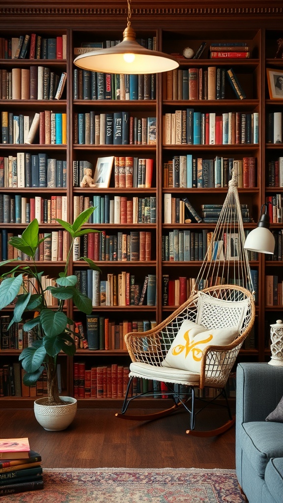 Cozy home library with vintage bookshelves and a comfortable chair