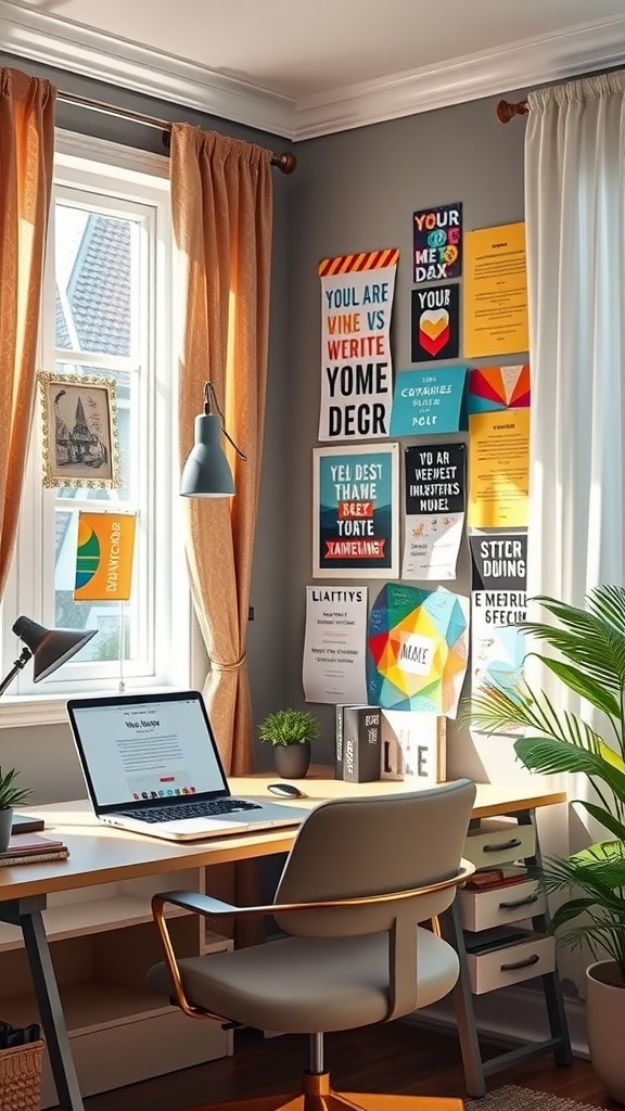 Cozy home office setup featuring a desk with a laptop, a stylish chair, and a colorful vision board on the wall.