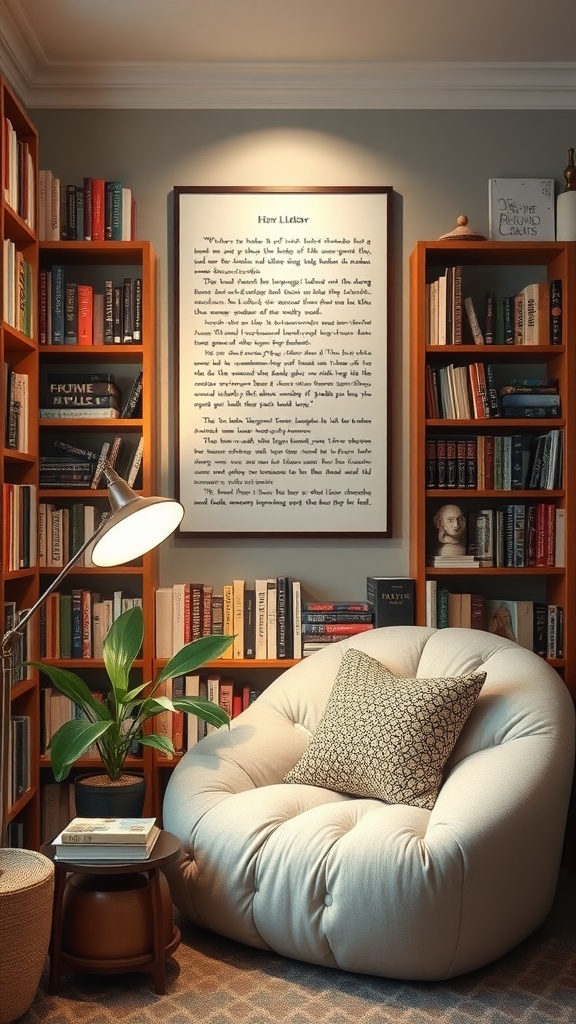 A cozy reading corner with bookshelves, a large framed quote, and a comfortable chair.