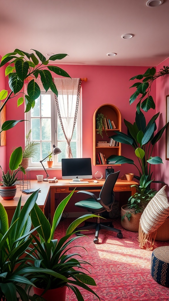 A vibrant boho home office with pink walls, lush plants, and a cozy desk setup.