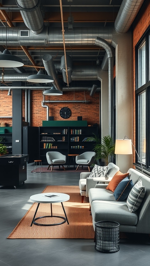 A modern industrial office space featuring a relaxed seating area, stylish decor, and a blend of industrial and natural elements.