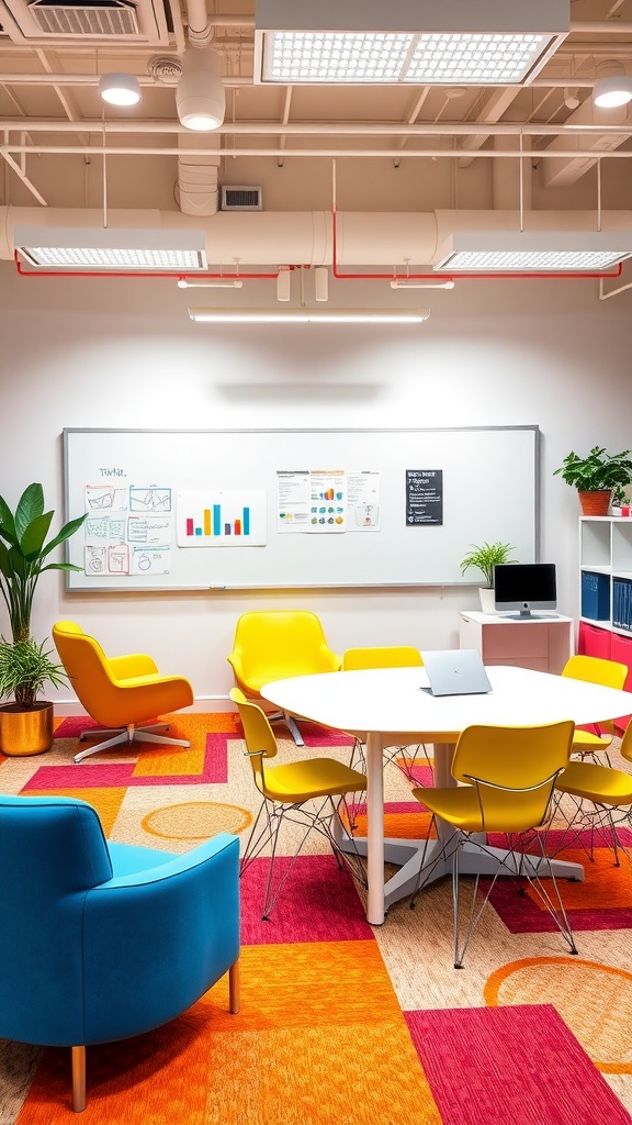 A colorful office collaboration zone with modern seating and a large whiteboard.