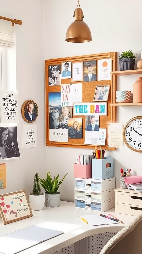 Cozy office space featuring a mood board, organized desk, and plants in a well-decorated corner.