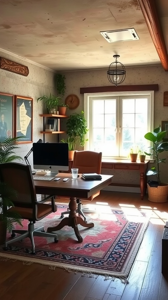 A rustic modern office space featuring a wooden desk, multiple monitors, and a cozy seating arrangement.