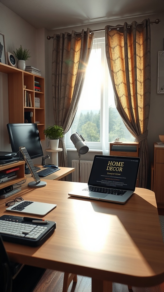 A cozy home office setup featuring a wooden desk with a laptop, a monitor, and warm sunlight filtering through the curtains.