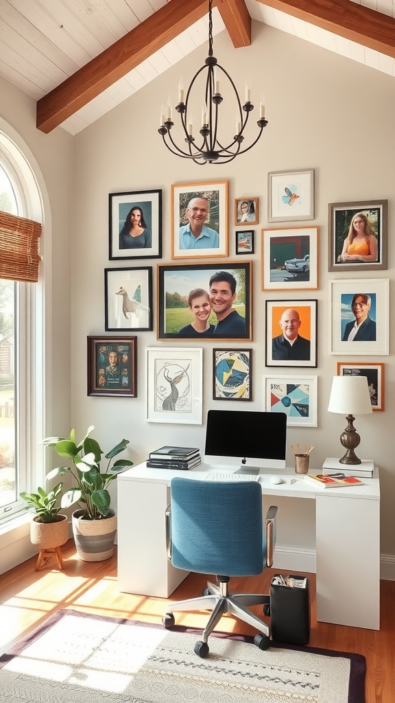 A modern home office with a gallery wall featuring framed art, a desk, and comfortable chairs.