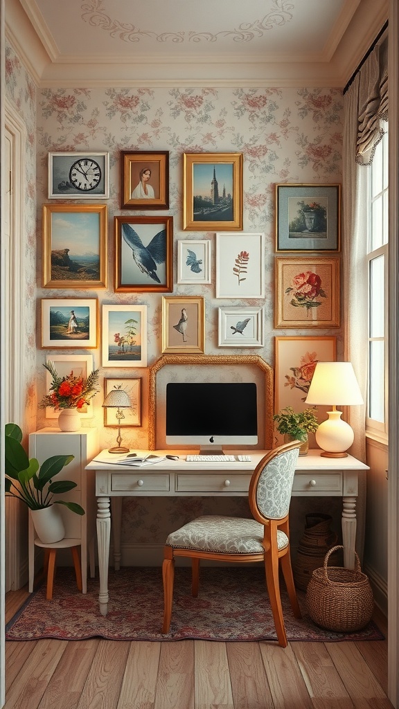 A cozy home office with a gallery wall of eclectic framed art, a desk with a computer, and a plant.