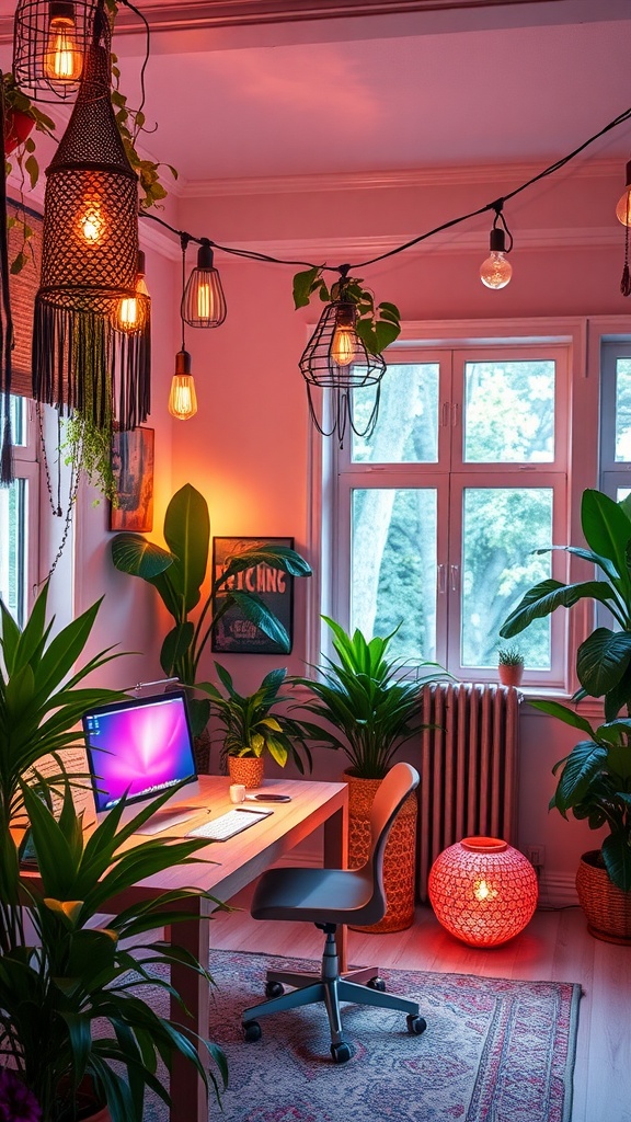 A boho office space featuring warm lighting, a cozy desk, and plants.