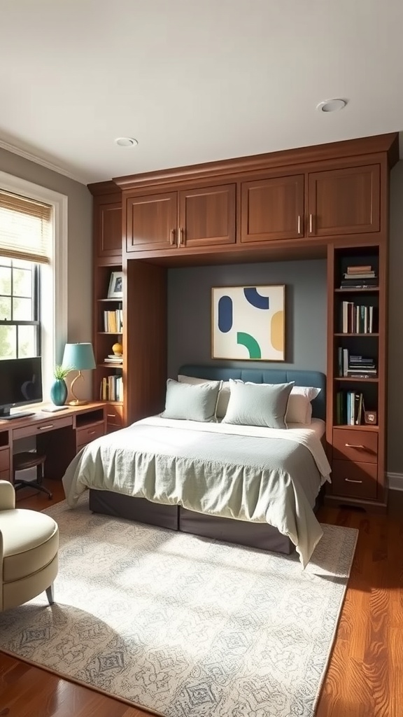 Image of a modern room featuring a murphy bed with built-in shelves, showcasing a functional home office layout.