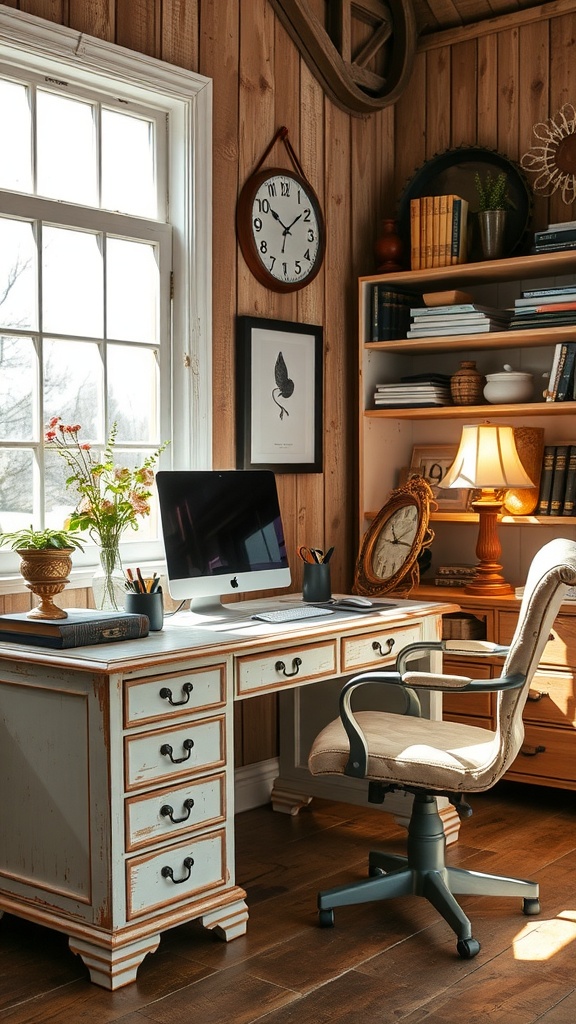 Rustic home office with large letters on the wall and vintage decor