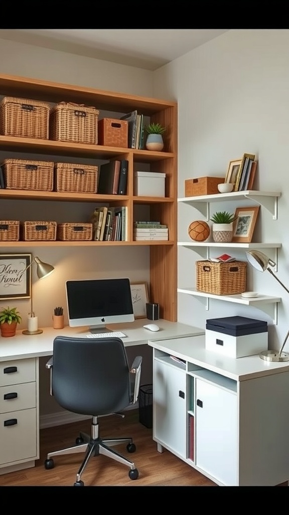 Cozy home office setup with wooden shelves and organized storage baskets.