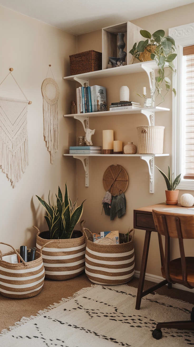 A cozy boho office space featuring a pink wall, wooden desk, plants, and woven storage solutions