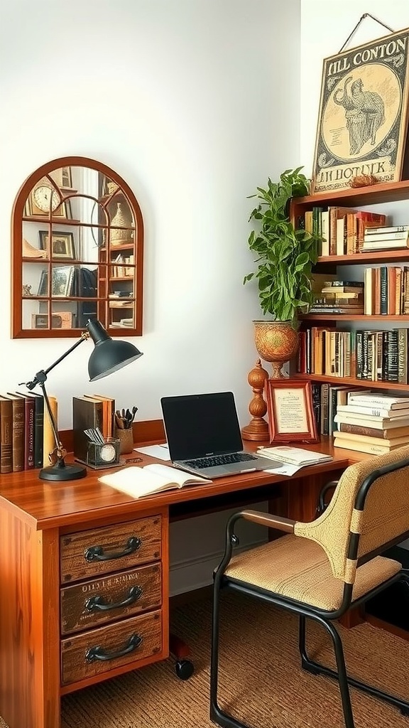 A rustic office with old books, a desk, and a cozy atmosphere