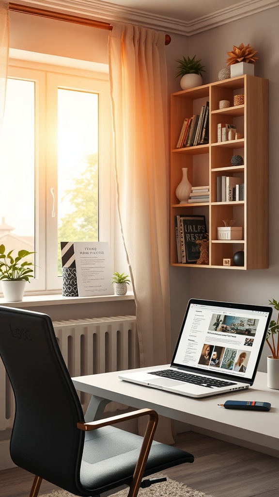 A cozy home office with a clean desk setup, organized shelves, and natural light from a window.