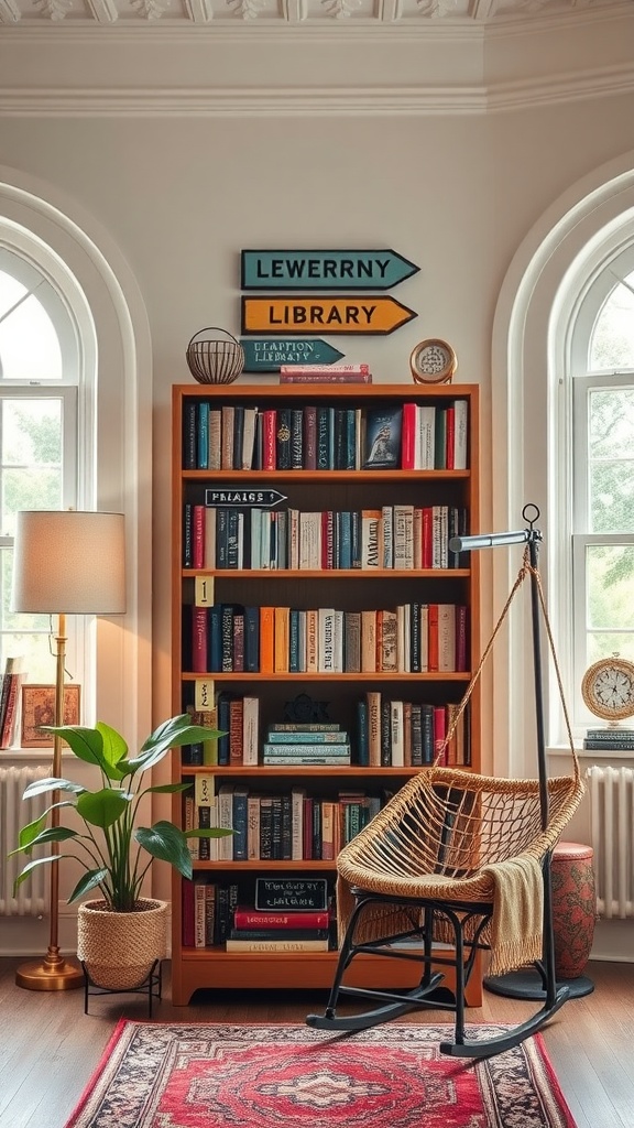 Creative wayfinding signs in a cozy home library, pointing towards different genres and spaces.