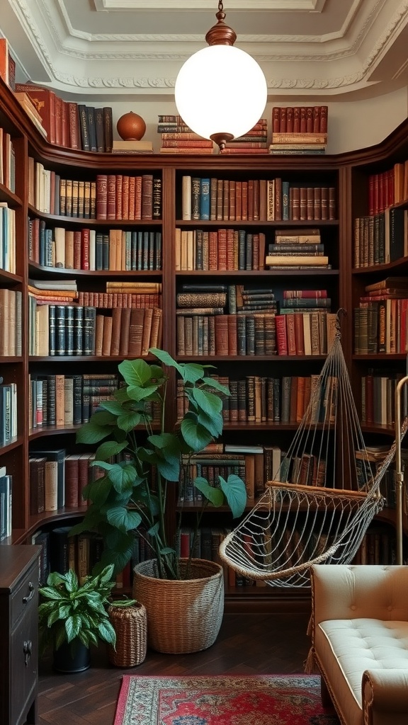 A cozy home library with vintage books on wooden shelves, a hanging chair, and plants.