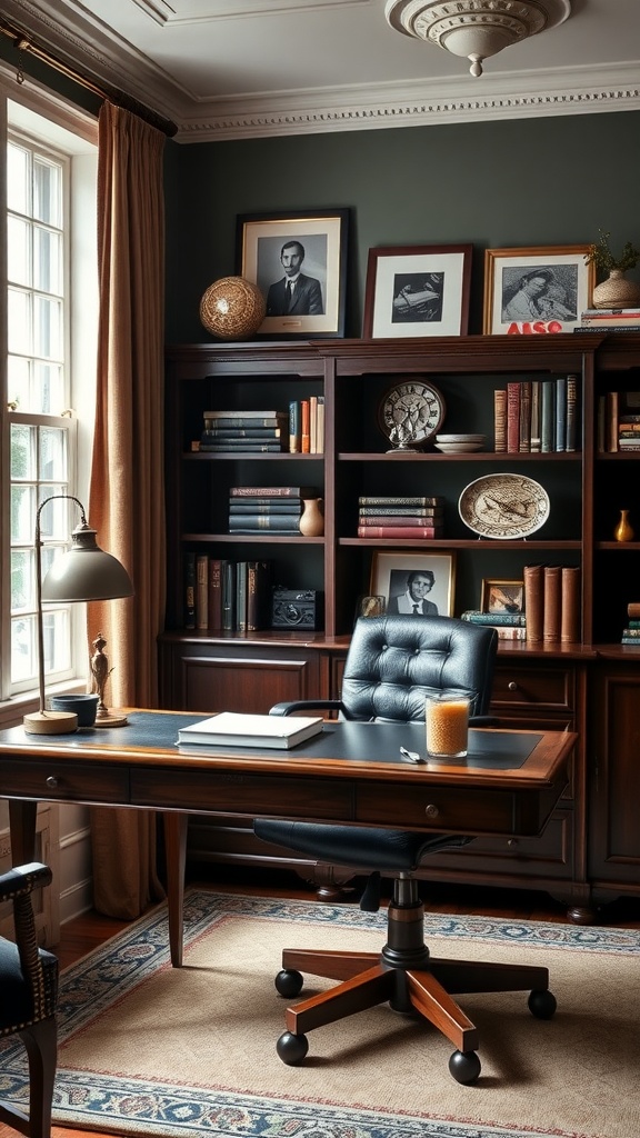 A stylish and organized home office with framed artwork, a modern desk, and a comfortable chair.