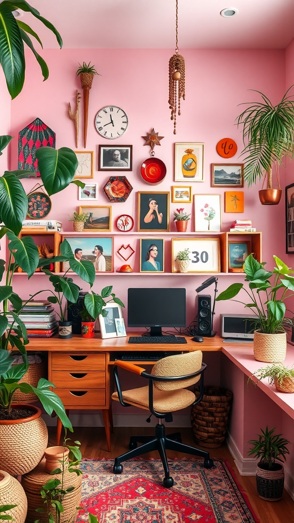 A vibrant boho office space with pink walls, plants, and eclectic artwork