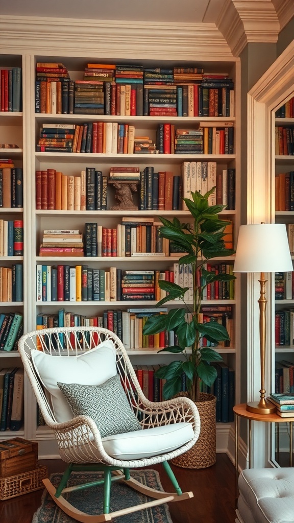 A cozy home library with adjustable lighting, bookshelves, and a comfortable chair