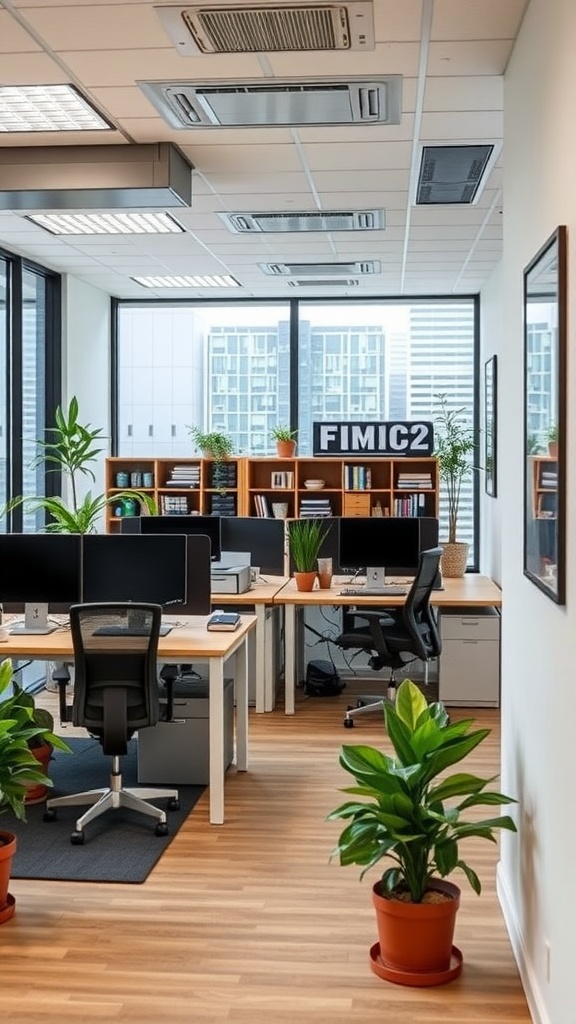 Bright and spacious office interior with plants and modern furniture