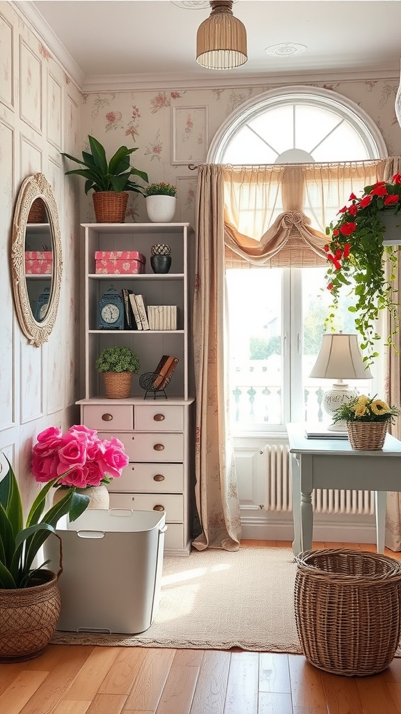 A cozy office nook featuring a vintage bookshelf, floral wallpaper, stylish curtains, and vibrant flowers in woven baskets.