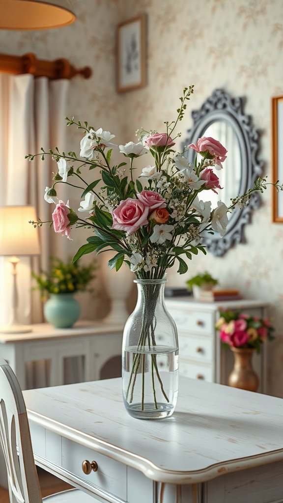 A beautifully arranged vase with delicate flowers on a white desk in a cozy office setting