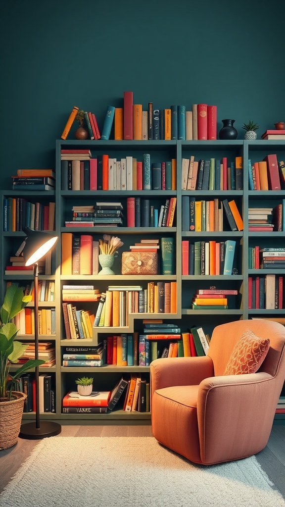 A cozy bookshelf mural with colorful books, a comfortable chair, and warm lighting.