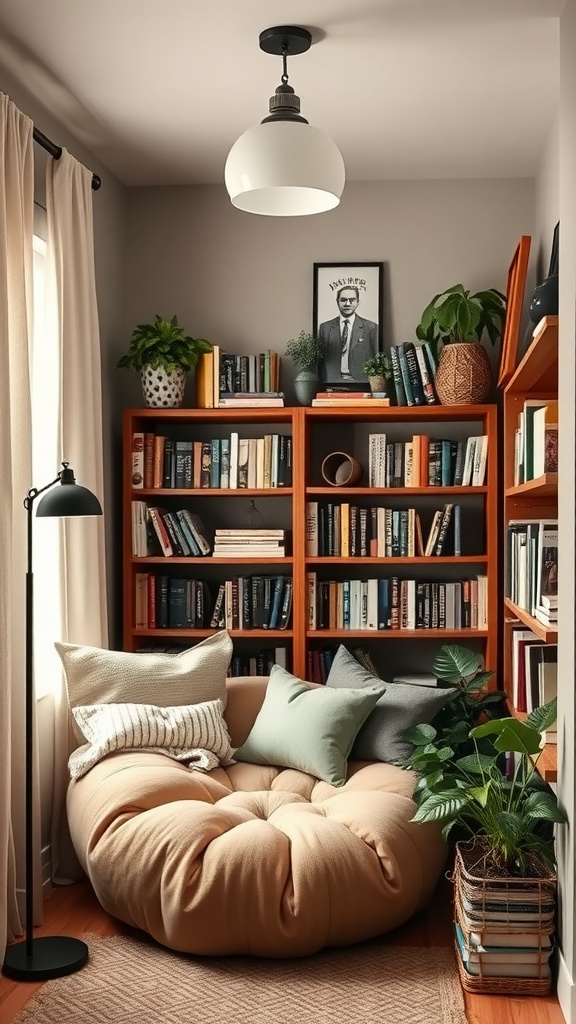 A cozy reading pod with a large circular chair surrounded by bookshelves filled with books and plants.